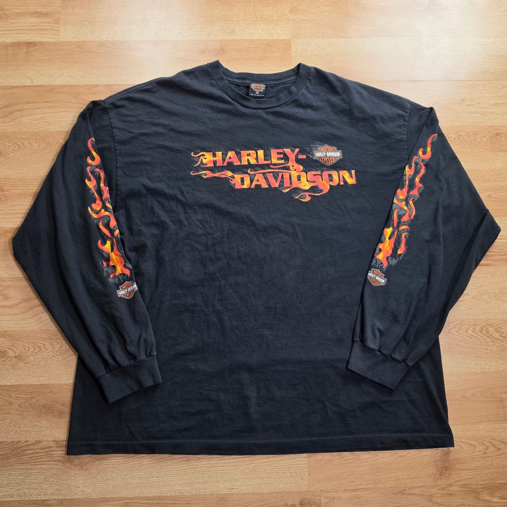 Vintage Harley-Davidson T-Shirt Mens 3XL Black Long Sleeve Flames McHenry IL